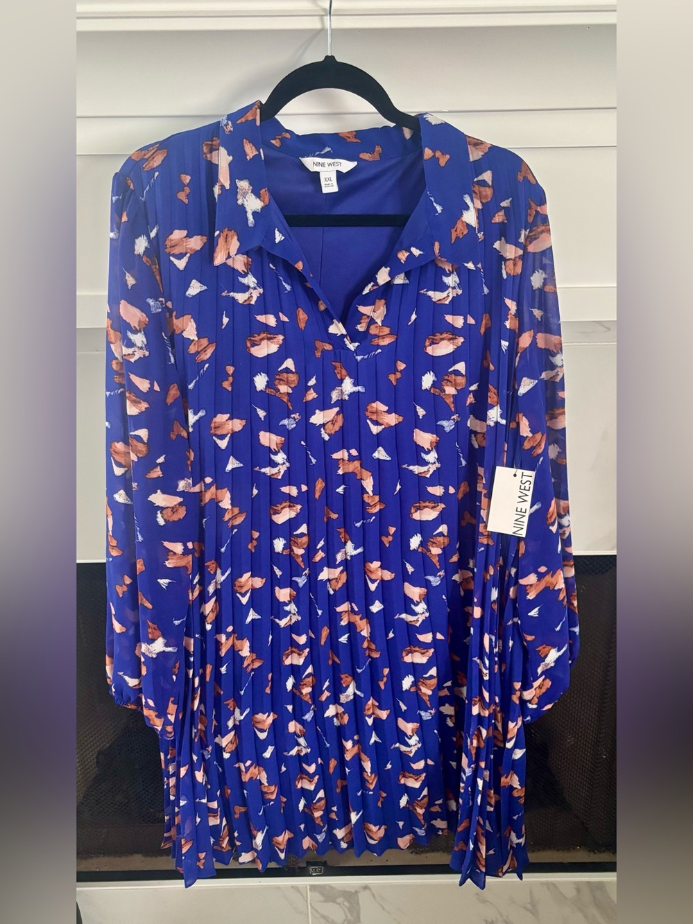 Nine West Cobalt Blue Pleated Floral-Print Blouse 2XL